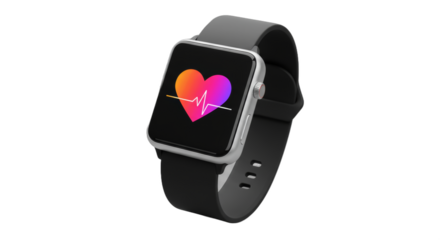 Modern smartwatch with heart rate monitor displaying vibrant health symbol