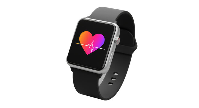 Modern smartwatch with heart rate monitor displaying vibrant health symbol