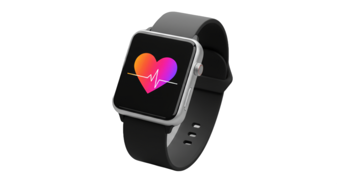 Modern smartwatch with heart rate monitor displaying vibrant health symbol