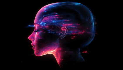 Naklejka premium side profile of a human head and neck in a futuristic style, artificial intelligence integration, glowing digital elements, highresolution 8K design