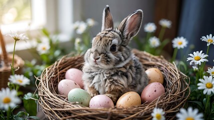 Adorable Easter Bunny Sitting in Bird’s Nest Surrounded by Delicate Spring Flowers Pastel-Colored Speckled Eggs Against a Soft-Focused Natural Background Capturing Essence of Easter and Spring Renewal