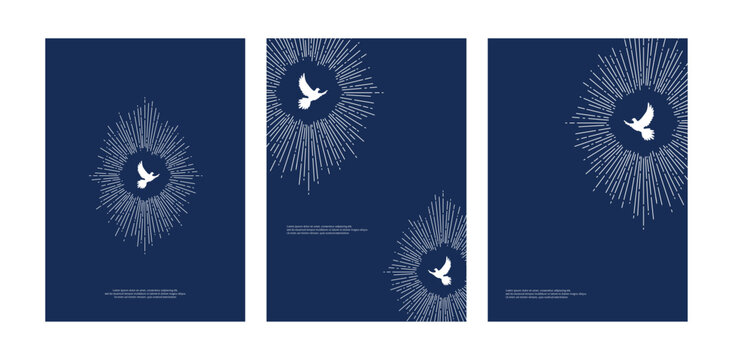 Flying white dove surrounded with halo of rays in navy color showing hope peace love freedom grace purity faith for print background template flyer poster easter Pentecost christian chruch prayer