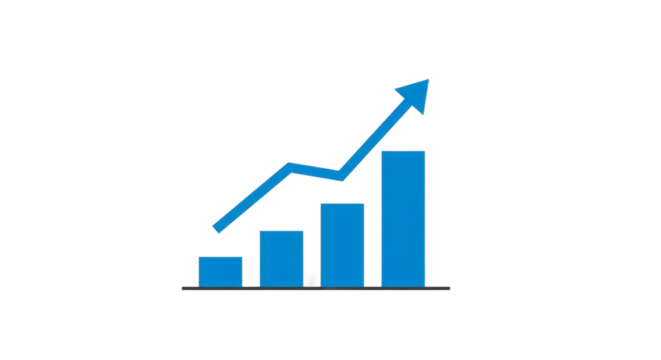 Ascending bar chart with upward arrow conveys financial growth and investment