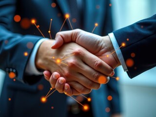 Handshake between two people with a background of orange dots. Concept of professionalism and trust between the two individuals
