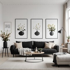 Modern Living Room Interior with Black Sofa and Triptych Botanical Prints