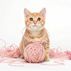 A cute orange kitten playfully surrounded by pink yarn, capturing a whimsical moment of feline curiosity and mischief.