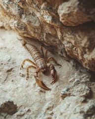 A close-up view of a scorpion resting on rocky terrain. This image captures the intricate details of its features. Perfect for nature and wildlife enthusiasts. Generative AI