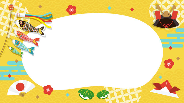 Japan Golden Week Background vector illustration. Koinobori, Kabuto helmeton and Kashiwa mochi on traditional background