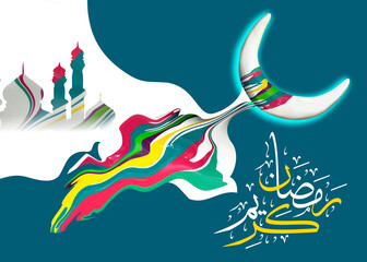 Ramadan kareem card. Ramadan's Radiant Embrace: A Crescent Moon's Luminous Glow, Mosque Silhouettes and Flowing Calligraphy in a Symphony of Vibrant Hues