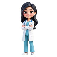 Cute cartoon girl doctor with arms crossed. Perfect for children's books, websites, or healthcare materials.