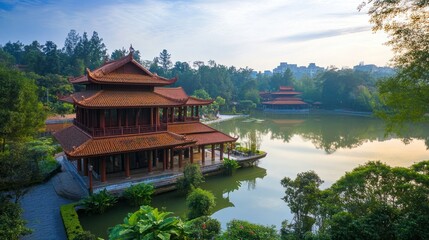 Naklejka premium Serene Asian Pagoda on Lakeside at Dawn