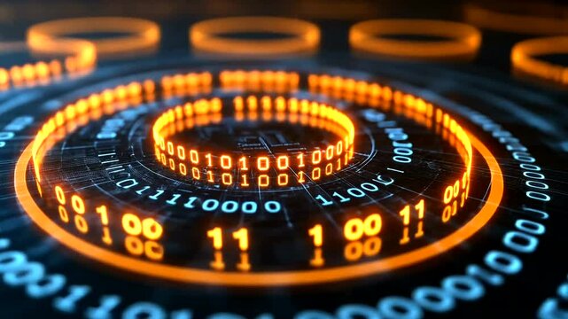 Abstract digital background featuring glowing binary code in a circular pattern with a futuristic ambiance