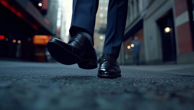 man in suit walks confidently on city street, showcasing polished black shoes and stylish appearance. urban backdrop adds to sophisticated vibe
