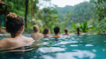Guests relaxing in an outdoor hot spring surrounded by nature
