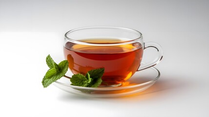 Cup of Fresh Mint Tea on a Transparent Saucer