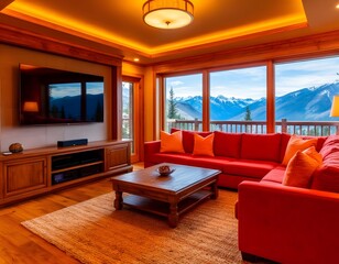 The living room is decorated in red tones and the windows overlook the mountains
