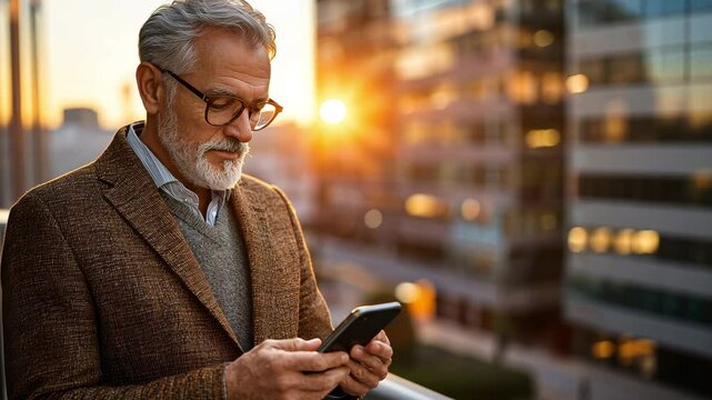 A senior businessman using a mobile phone in the a city, idea combining technology, fashion, and work