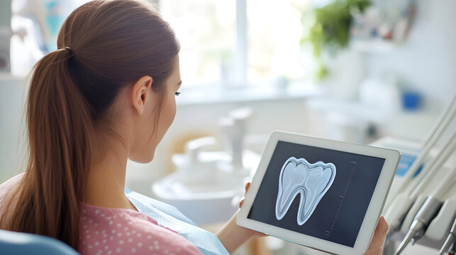Female patient looking at a digital dental X-ray of a tooth on a tablet screen during a check-up at a modern dental clinic