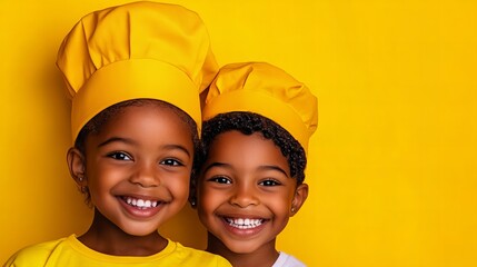 Two young children wearing yellow chef hats are smiling against a bright yellow background!