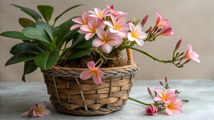 Obraz premium A basket full of pink flowers sits on a wooden table 