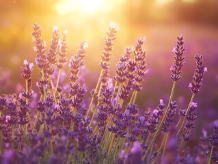Naklejka premium Lavender Field Blooms at Sunset with Warm Glowing Light and Haze