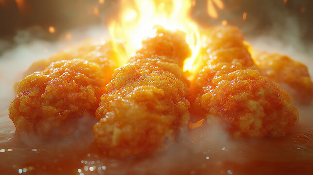 Spicy fried chicken with crispy texture and fire, a delicious hot meal for cooking enthusiasts
