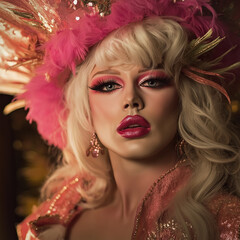 Glamorous drag queen portrait showcasing vibrant makeup and exquisite costume elegance