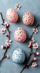 Obraz premium Easter Eggs, Blossoms on Pastel Background
