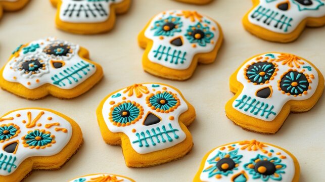 Colorful sugar skull cookies decorated for festive occasions, showcasing intricate icing designs and traditional motifs, perfect for celebrations like Dia de los Muertos.
