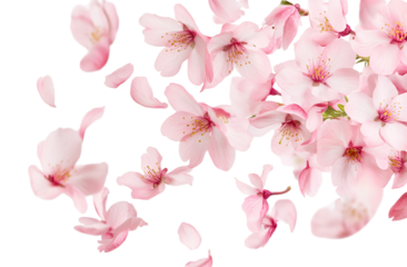 Pink peach blossom petals flying in the air, transparent background