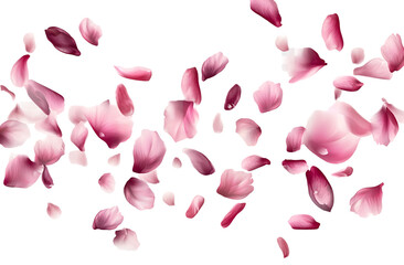Pink peach blossom petals flying in the air, transparent background