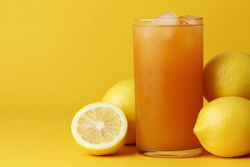 Refreshing Iced Lemonade with Lemons on Yellow Background. A close-up image of a tall glass of iced lemonade next to fresh lemons.