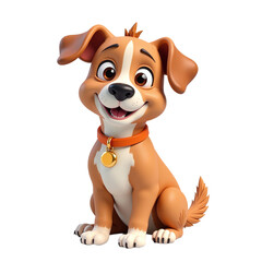 Cute cartoon puppy sitting, smiling, wearing orange collar and gold bell. Perfect for children's books, websites, apps.
