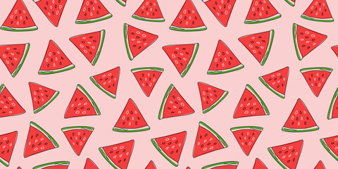   Slices of juicy watermelon. Seamless pattern, hand drawn watermelon, natural food. Simple drawing, doodle. Repeating vector summer background.