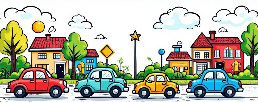 Fototapeta Colorful traffic doodle wallpaper with cars, signs, and houses, cartoon, playful, urban