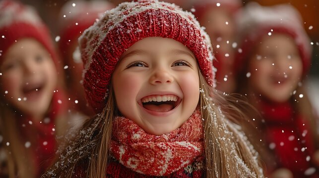 Cheerful child laughing outside while it is snowing happily