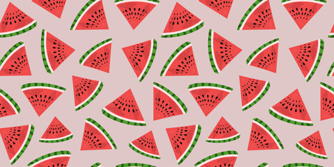  Pattern, seamless. Summer, watermelon. Drawings, doodle, slices of juicy watermelon, natural food. Repeating vector background.