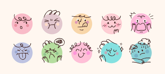 Cute people facial expression icons. A collection of simple face stickers drawn with pencil lines in a circle.