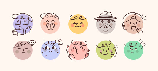 Cute people facial expression icons. A collection of simple face stickers drawn with pencil lines in a circle.