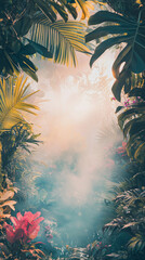 Lush tropical foliage in deep blue-green tones frames the image, while misty golden sunlight bursts through the open center. A light rain adds a dreamy atmosphere, enhancing the warm yellow and orange