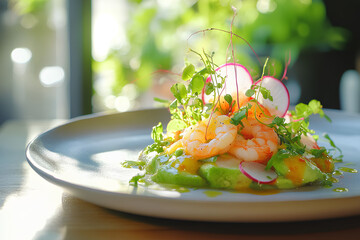 Fresh shrimp and avocado salad with citrus dressing, radishes, and greens in a bright kitchen setting  
