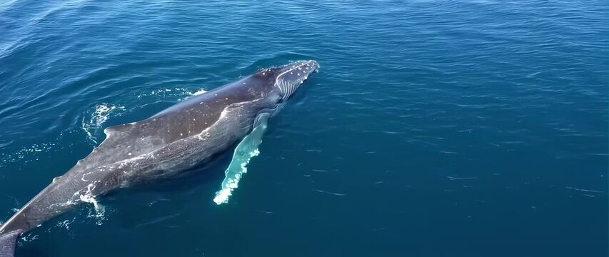 Anamorphic video drone footage of a humpback whale swimming
