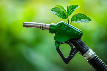 Green gas pump with a plant growing out of it. Concept of environmental consciousness and the importance of sustainable practices
