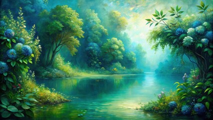 Naklejka premium Intimate view of an original oil painting showcasing a mesmerizing blend of blues and greens, with intricate brushstrokes adding texture to the overall piece, detailed, close-up