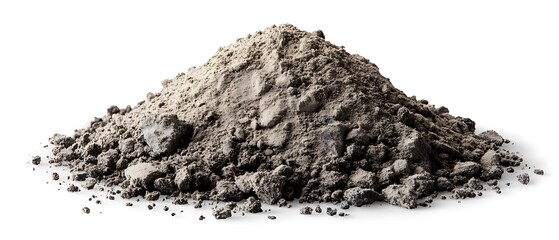 A small pile of gray dirt against a clean white background