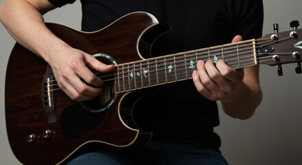 A person is playing a guitar with a black body and a blue headstock. The person is sitting down while playing the guitar
