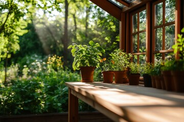 Sunlit Greenhouse Herb Garden