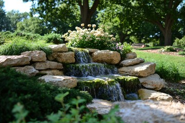 Obraz premium Outdoor stone water feature in park landscaping