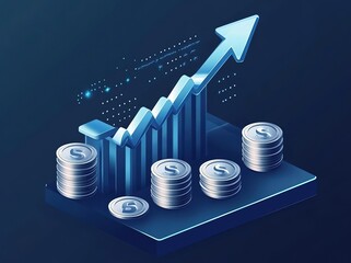 Financial success and economic growth depicted by 3D diagram with stock market investment graph, up arrow digital display, and money profit analysis, highlighting business success and economic trends.