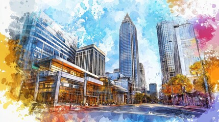 Fototapeta premium A watercolor painting depicting an urban city skyline view